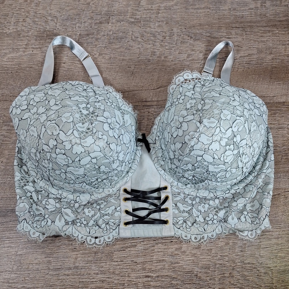 Cacique Size 40F Lightly Lined Balconette Blue Lace Strappy Bodiour Underwire